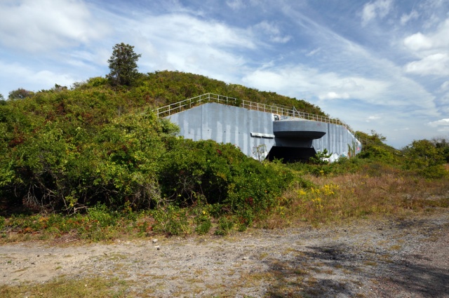 Large grey concrete artillery bunker surrounded by vegetation