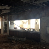 Trashed cafeteria and dining area